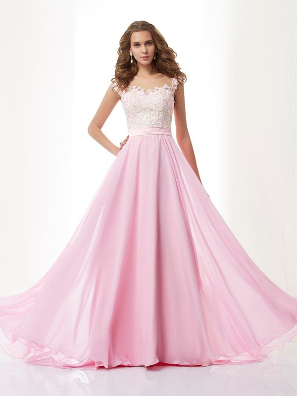 Vestidos largos de gasa con corte A/princesa, tirantes, apliques, sin mangas y cuentas